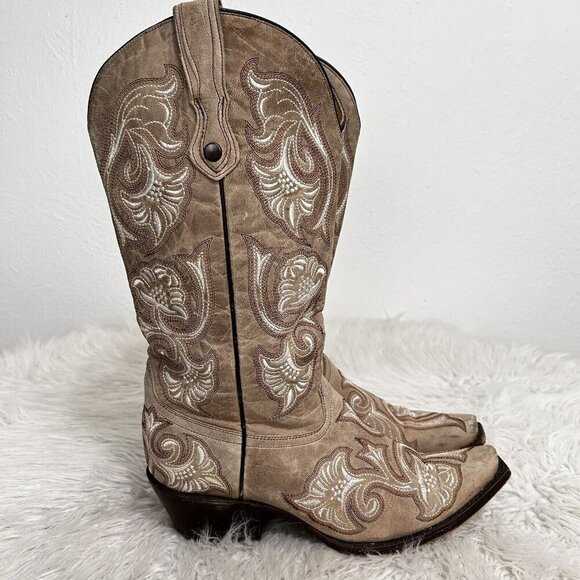 Corral Shoes - Corral Floral Full Stitched Cowboy Boots Beige Pull On Pointed Toe Leather 9.5 B
